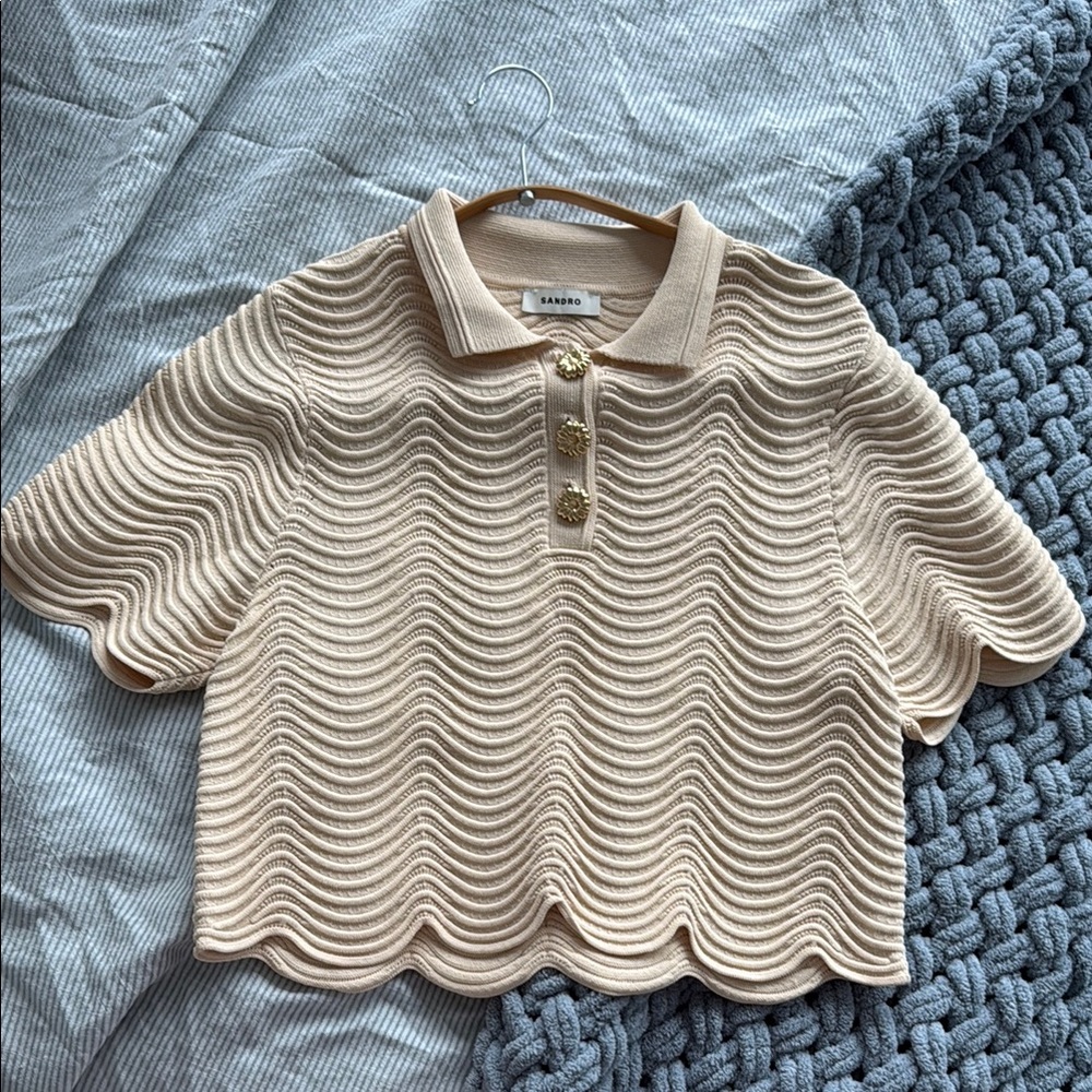Sandro Campea Wavy Knit Cropped Polo Sweater